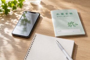 漢方相談前に準備するスマホ、お薬手帳、メモ帳のイメージ